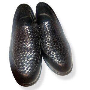 Vintage Y2K Women's Black Leather Loafers Woven Detailing‎ Stacked Heel 10N 90s